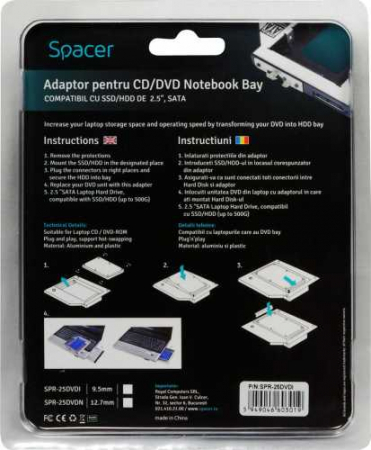 Rack HDD Caddy pentru laptop grosime 9.5mm interfata Sata la Sata [2]