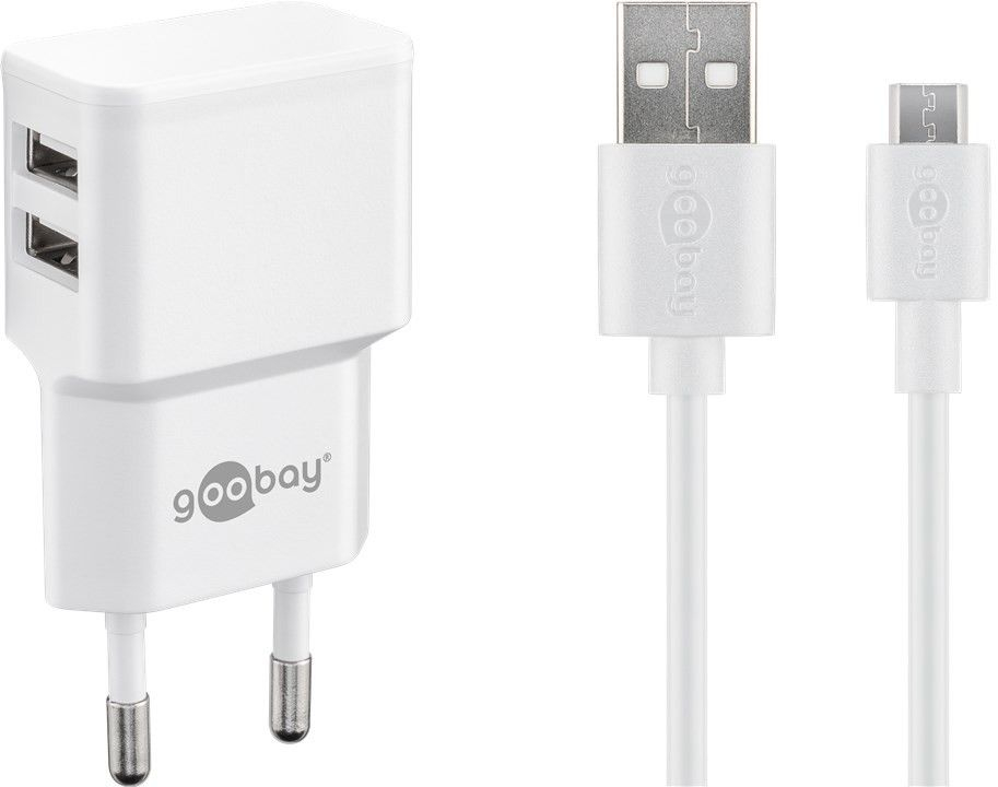 Incarcator retea Goobay, 2x USB-A 2.4A, cablu micro USB, alb