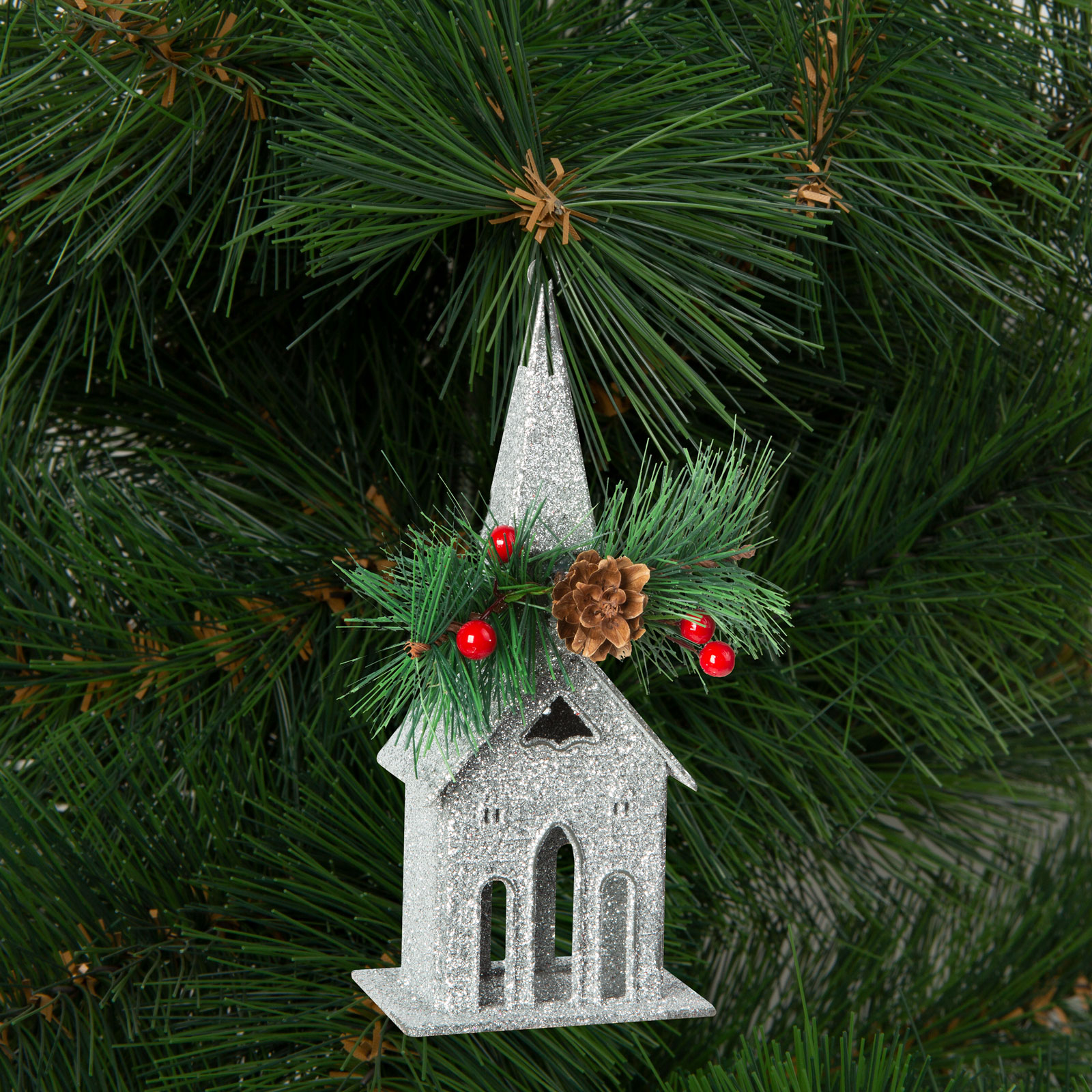 Ornament de brad cu agatatoare - biserica - 16 x 6.5 cm - argintie