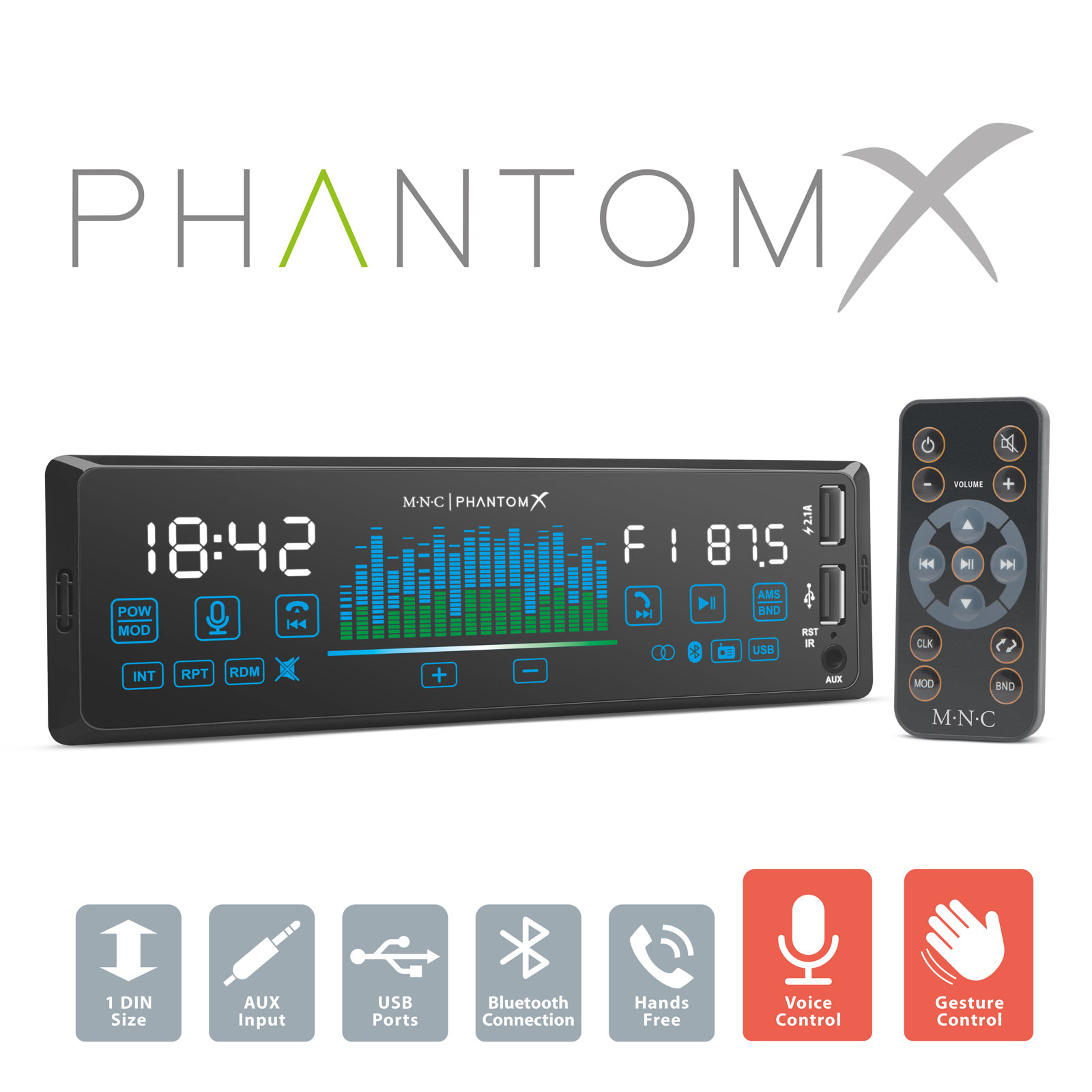 Player auto , zPhantomX, - 1 DIN - 4 x 50 W - versiune gestuala - BT - MP3 - AUX - USB