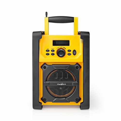 Radio FM Nedis de santier, 15W, Bluetooth, IPX5, maner de transport, galben negru