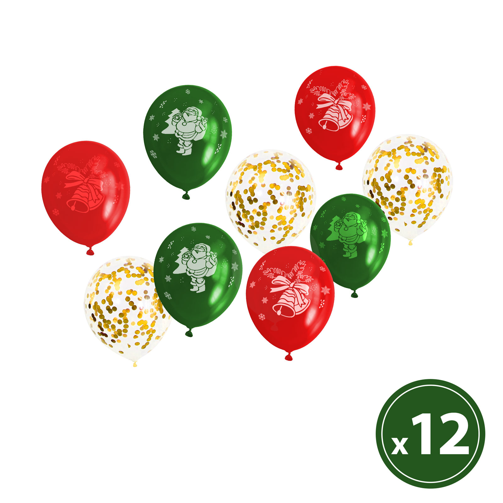 Set baloane - rosu, verde, auriu, cu motive de Craciun - 12 piese pachet