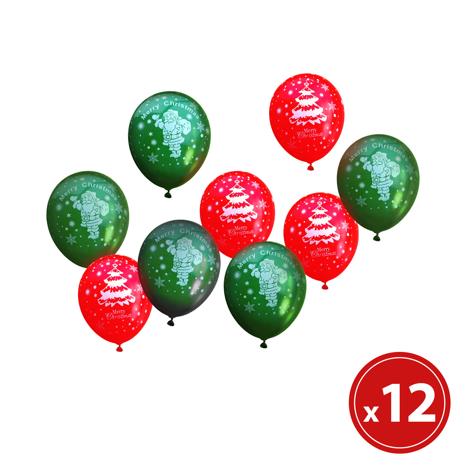 Set baloane - rosu, verde, cu motive de Craciun - 12 piese pachet