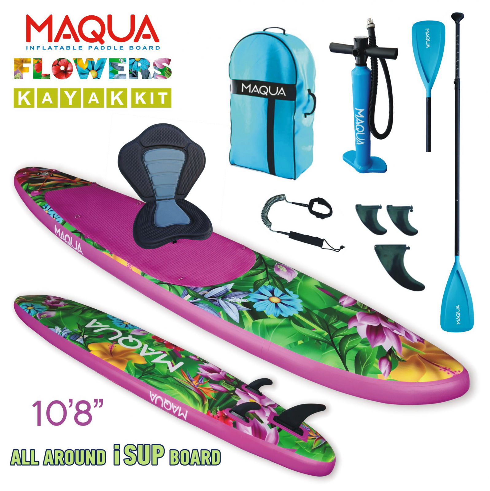 Set placa Paddleboard SUP, surf gonflabila Flowers Kayak Kit, 330 cm x 80 cm x 15 cm MAQUA