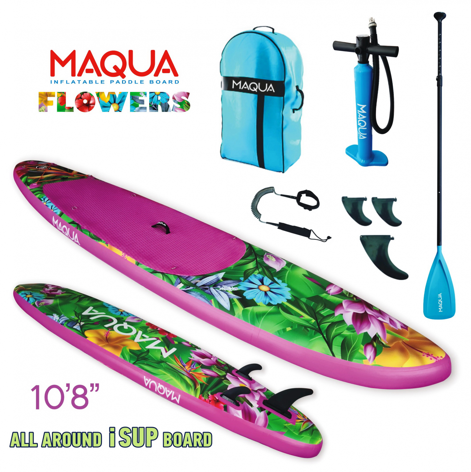 Set placa Paddleboard SUP, surf gonflabila Flowers, 330 cm x 80 cm x 15 cm MAQUA