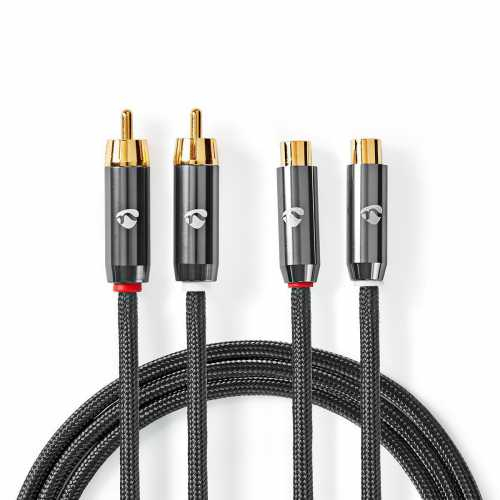 Stereo Audio Cable 2x RCA Male - 2x RCA Female Gun Metal Grey Braided Cable