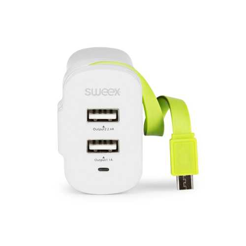 Wall Charger 3-Outputs 3 A 2x USB Micro USB White Green