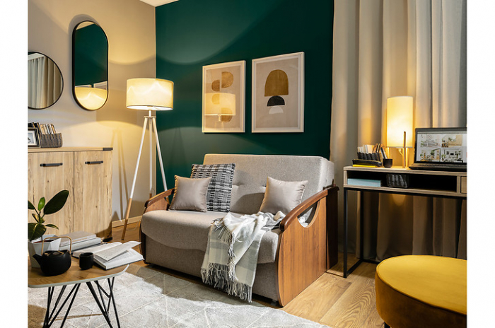 Canapea IDA, 2 locuri extensibila cu functie somn, relaxare si depozitare, stofa verde si brate nuc, (L/ad./h) 117x104x84, ext.109x192 cm.117 [8]