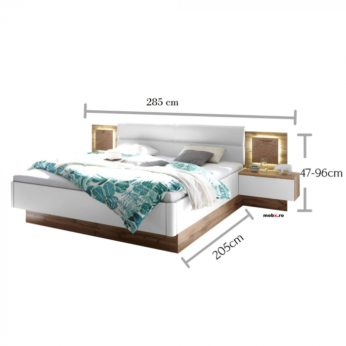 CAPRI, Dormitor Set-A (dulap 280 + pat 160 + 2 noptiere cu iluminare led), culoare alb cu insertii stejar salbatic. [14]