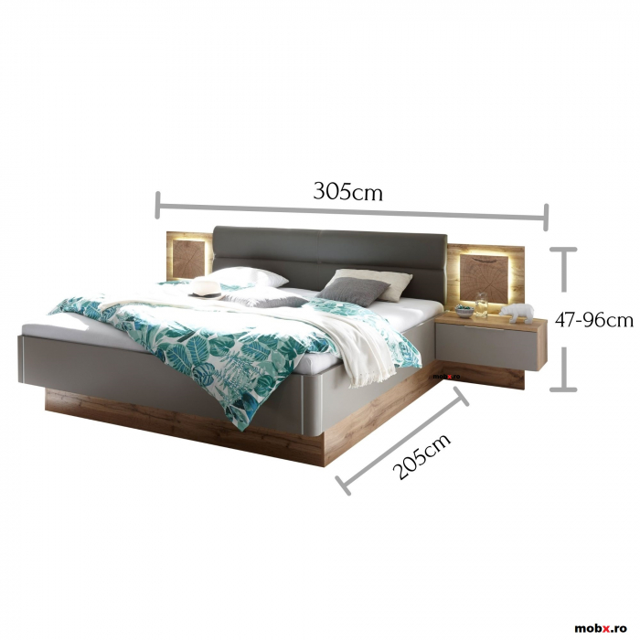 CAPRI, Dormitor Set-A (dulap 280 + pat 180 + 2 noptiere cu iluminare led), culoare gri bazalt cu insertii stejar salbatic. [6]