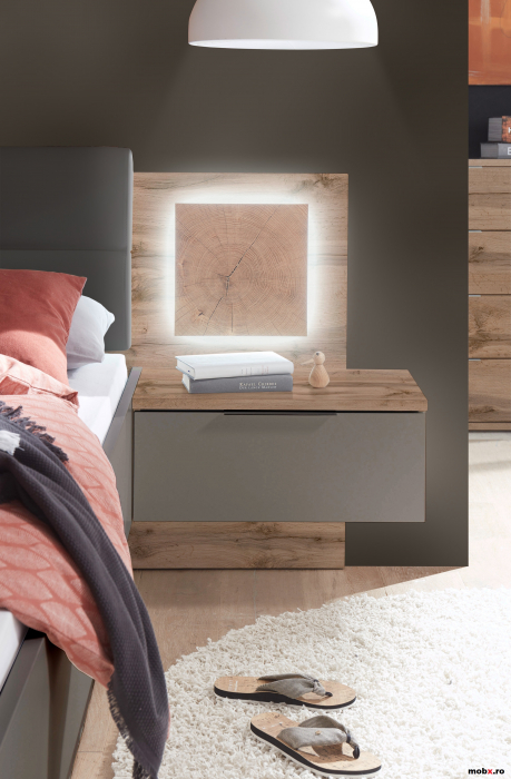 CAPRI, Dormitor Set-A (dulap 280 + pat 180 + 2 noptiere cu iluminare led), culoare gri bazalt cu insertii stejar salbatic. [9]