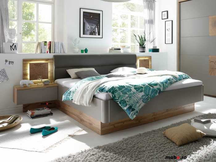 CAPRI, Pat 180 cu 2 noptiere, iluminare led, capatai tapitat, culoare gri bazalt si stejar salbatic, (Lxadxh) ca. 305x205x(47-96) cm. [2]