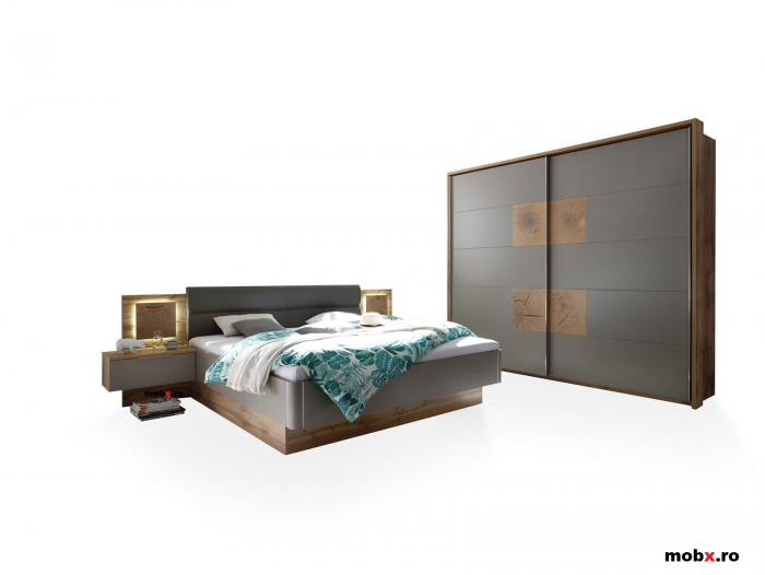 CAPRI, Pat 180 cu 2 noptiere, iluminare led, capatai tapitat, culoare gri bazalt si stejar salbatic, (Lxadxh) ca. 305x205x(47-96) cm. [6]