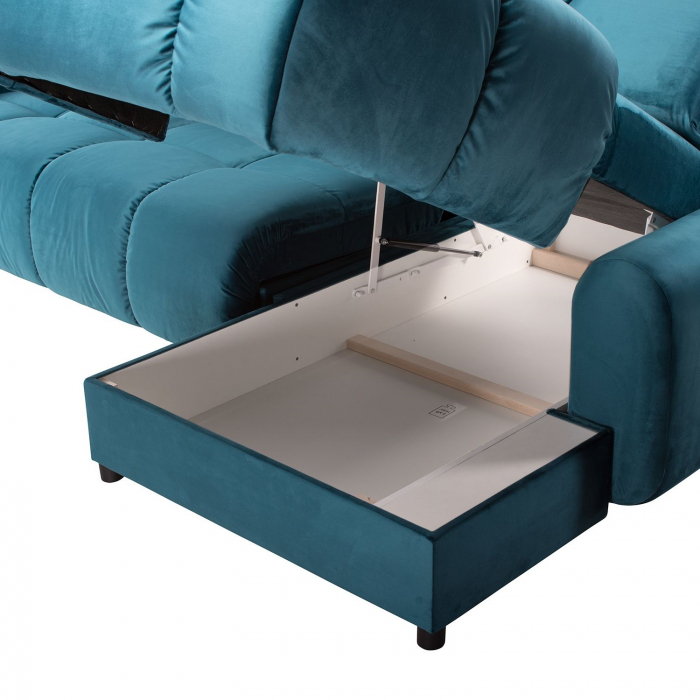 Coltar Living BULLET, extensibil cu functie relaxare si depozitare, dreapta, stofa turquise Velvet 659, 294x194x(80-102), ext.240x137cm [13]