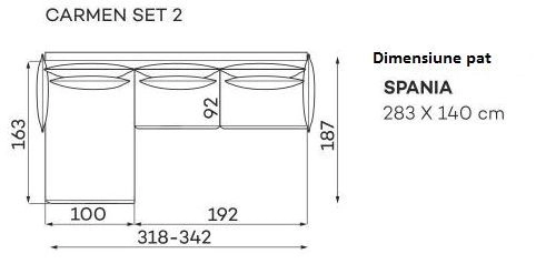 Coltar Living CARMEN Set-2, extensibil cu functie relaxare si depozitare, dreapta, stofa gri Piano 14, (318-342)x187x101, ext.283x140cm [10]