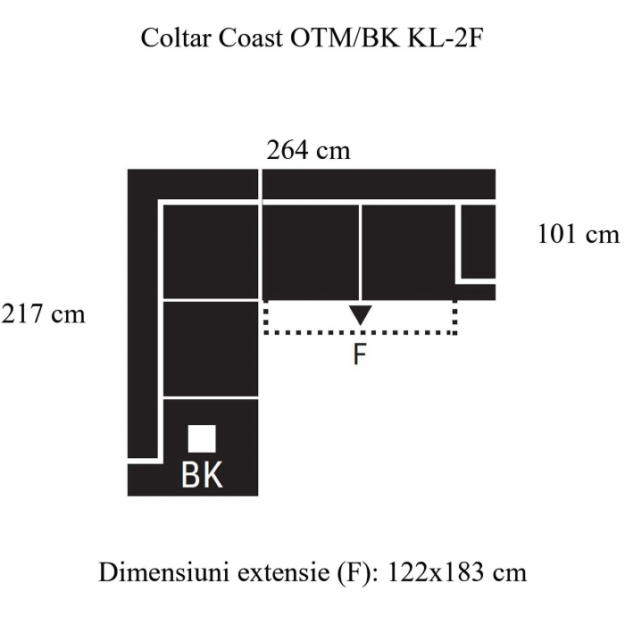 Coltar Living extensibil cu functie somn COAST OTM/BK KL-2F, stanga, stofa gri F001+C265, 264x217x88, ext.183x122cm [7]