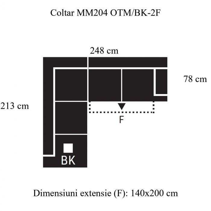 Coltar Cotta Minimaxx, MM204 EDDI OTM/BK KLEIN-2F, stanga, pentru living, extensibil cu functie somn, stofa gri stone F001, 243x213x73(89), ext.200x140cm [5]