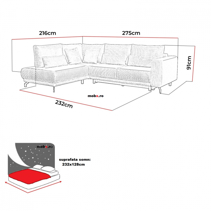 Coltar Living MODEST, extensibil cu functie somn, stanga, stofa gri Lincoln 86, 275x216x91, ext.232x128cm [13]