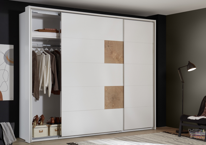 CAPRI, Dormitor Set-A (dulap 280 + pat 160 + 2 noptiere cu iluminare led), culoare alb cu insertii stejar salbatic. [3]