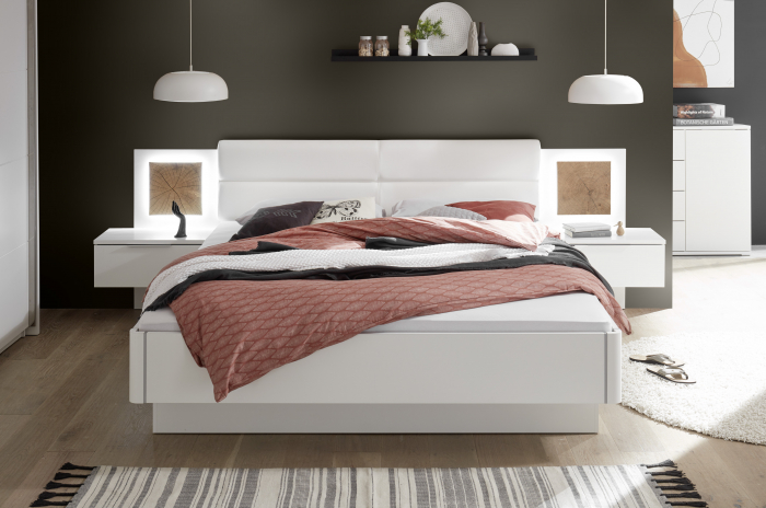 CAPRI, Dormitor Set-A (dulap 280 + pat 160 + 2 noptiere cu iluminare led), culoare alb cu insertii stejar salbatic. [9]
