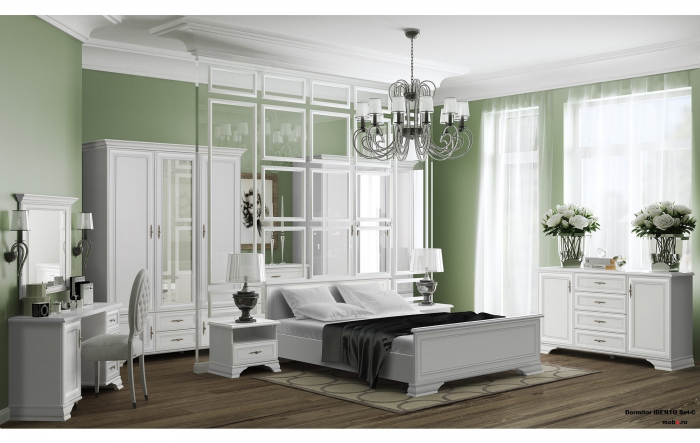 Dormitor IDENTO Set-C, (2 dulapuri + pat + 2 noptiere + comoda + masa toaleta) culoare alb. [1]