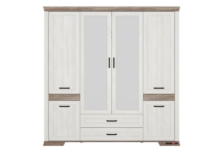 Dormitor MARSELLE Set-A, (dulap 6U2S 218 + pat 160 cu somiera rabatabila si container asternuturi + 2 noptiere 1S + comoda 4S + oglinda 98 cm), culoare alb frasin si stejar sonoma dark. [2]