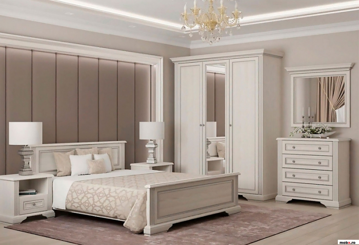 Dormitor WHITE Set-A, (dulap 3U1O 176 + pat 160 + 2 noptiere 1S + comoda 4S + oglinda 102 cm) culoare frasin alb + pin argintiu. [2]