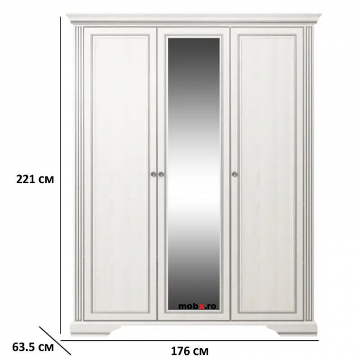 Dormitor WHITE Set-A, (dulap 3U1O 176 + pat 160 + 2 noptiere 1S + comoda 4S + oglinda 102 cm) culoare frasin alb + pin argintiu. [9]