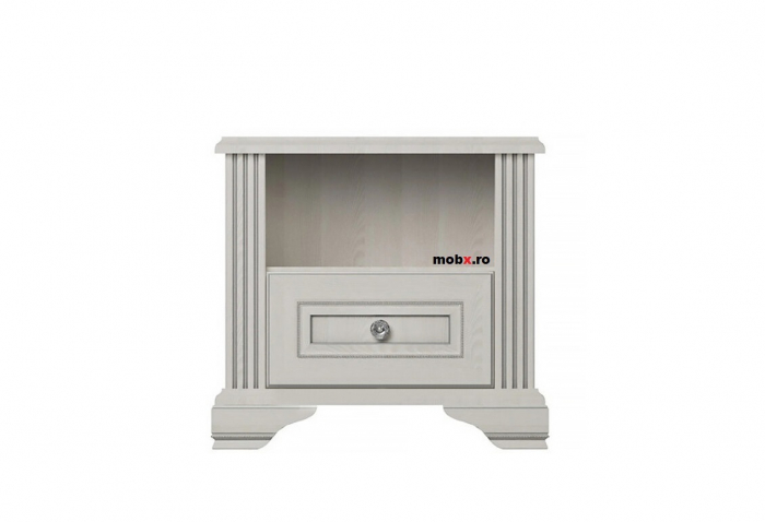 Dormitor WHITE Set-A, (dulap 3U1O 176 + pat 160 + 2 noptiere 1S + comoda 4S + oglinda 102 cm) culoare frasin alb + pin argintiu. [15]
