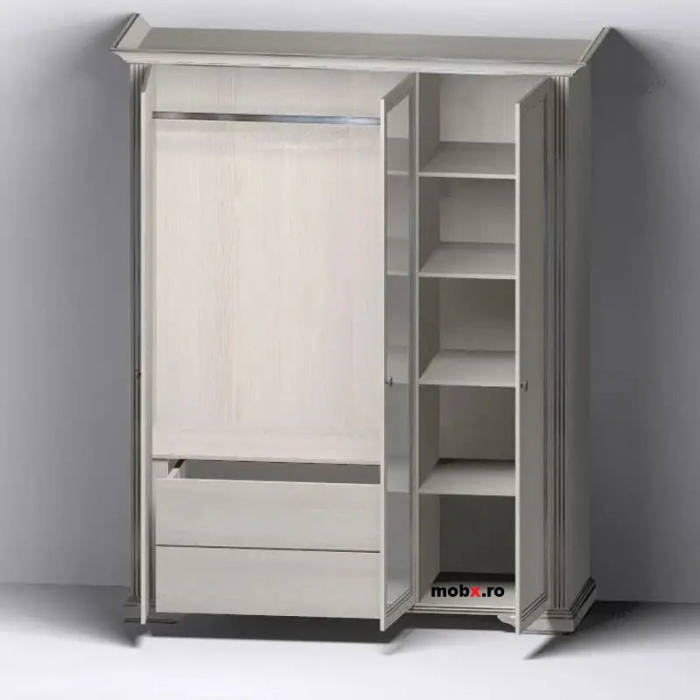 Dormitor WHITE Set-A, (dulap 3U1O 176 + pat 160 + 2 noptiere 1S + comoda 4S + oglinda 102 cm) culoare frasin alb + pin argintiu. [6]