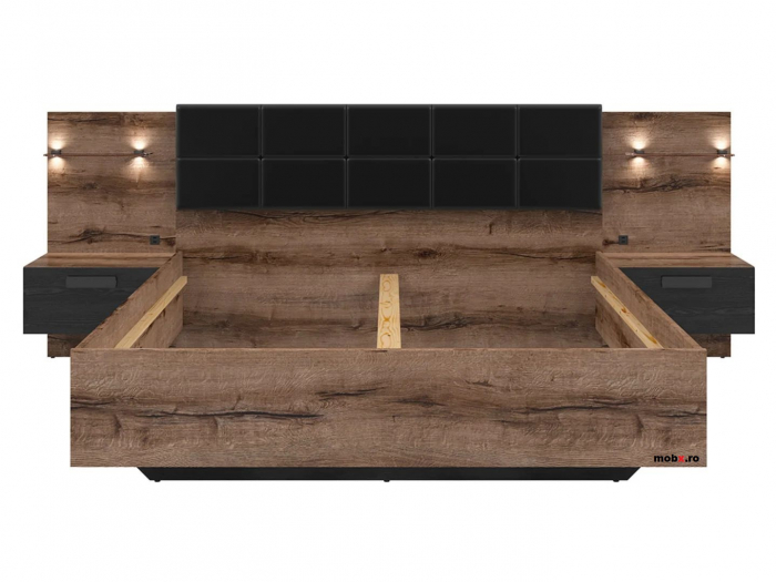 KASSEL, Dormitor Set-B (dulap 280 + pat 160 cu 2 noptiere si iluminare LED + comoda 150), culoare stejar monastery si stejar negru. [12]