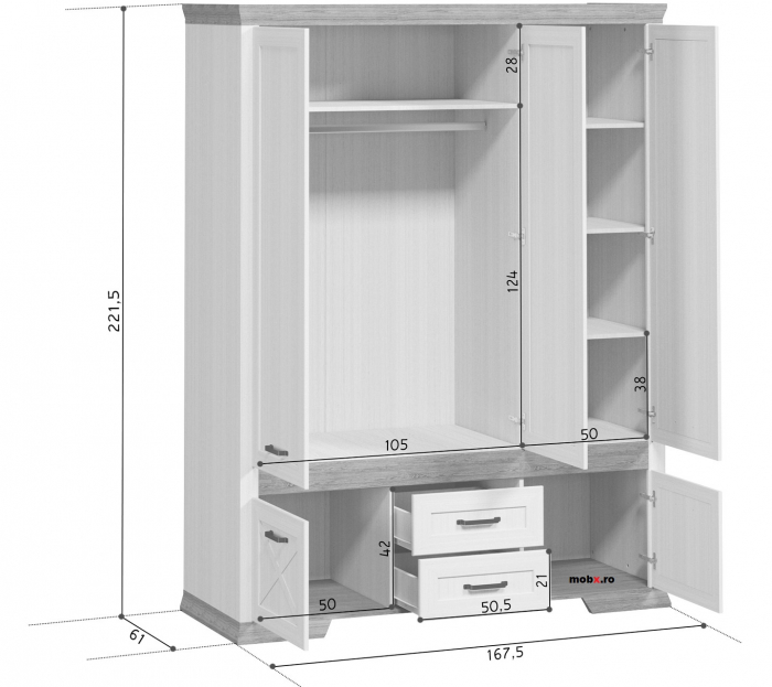 Marselle, Dulap 5 usi si 2 sertare SZF5D2S, front MDF culoare alb frasin si stejar sonoma, (Lxad.xh) 168/61/222 cm. [3]