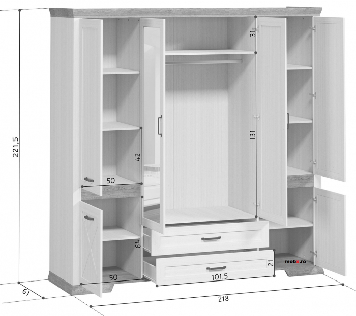 Marselle, Dulap 6 usi si 2 sertare, SZF6D2S, front MDF culoare alb frasin si sonoma, (Lxad.xh) 218/61/222 cm. [4]