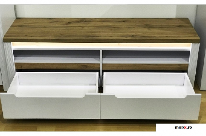 Mobila living, SOLOMIA, alb lucios si stejar tacho din pal si MDF, L302cm [5]