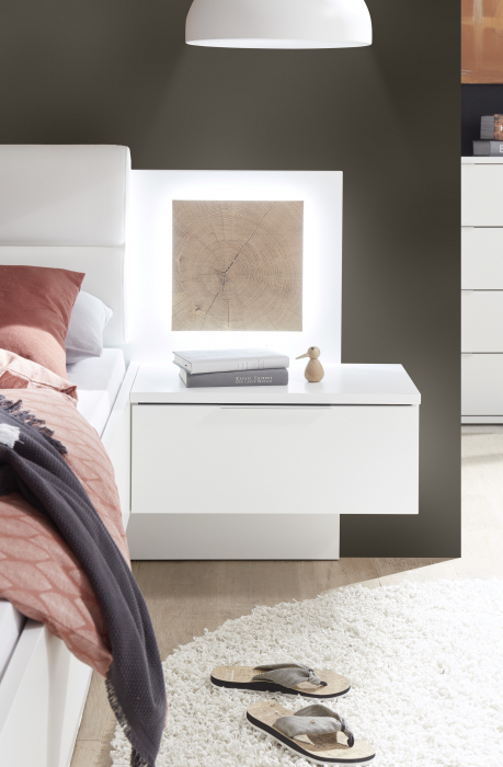 CAPRI, Pat 160 cu 2 noptiere, iluminare led, capatai tapitat, alb cu insertie de stejar salbatic, (Lxadxh) cm, 285x205x(47-96). [5]