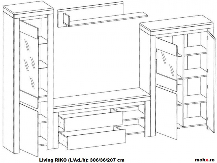 RIKO, set mobila living, alb lucios si stejar, front MDF cu iluminare LED, L 306 cm. [2]