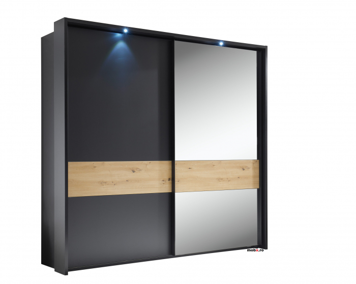 STARLIGHT, Dormitor Set-A (dulap 225 + pat 160 cu 2 sertare + 2 noptiere cu iluminare LED), culoare gri antracit cu insertii stejar artisan. [2]