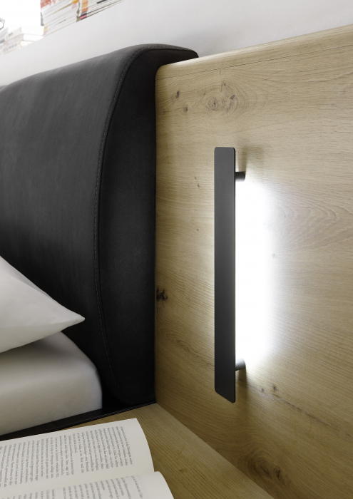 STARLIGHT, Dormitor Set-A (dulap 225 + pat 160 cu 2 sertare + 2 noptiere cu iluminare LED), culoare gri antracit cu insertii stejar artisan. [11]