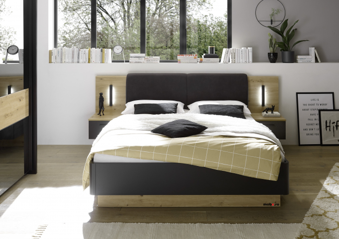 STARLIGHT, Dormitor Set-A (dulap 225 + pat 160 cu 2 sertare + 2 noptiere cu iluminare LED), culoare gri antracit cu insertii stejar artisan. [9]
