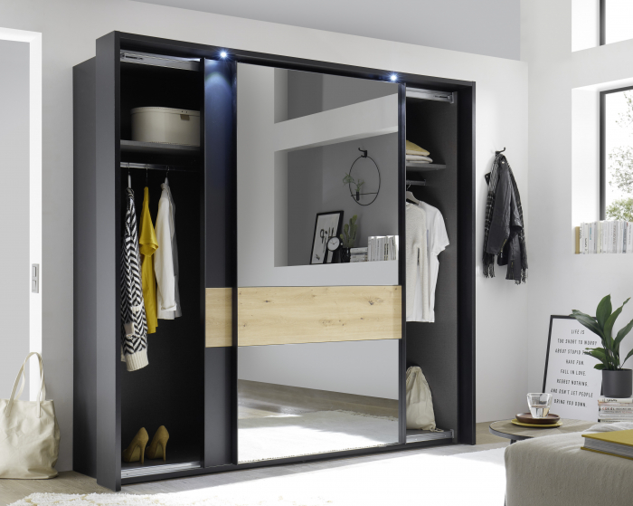 STARLIGHT, Dormitor Set-A (dulap 225 + pat 160 cu 2 sertare + 2 noptiere cu iluminare LED), culoare gri antracit cu insertii stejar artisan. [7]