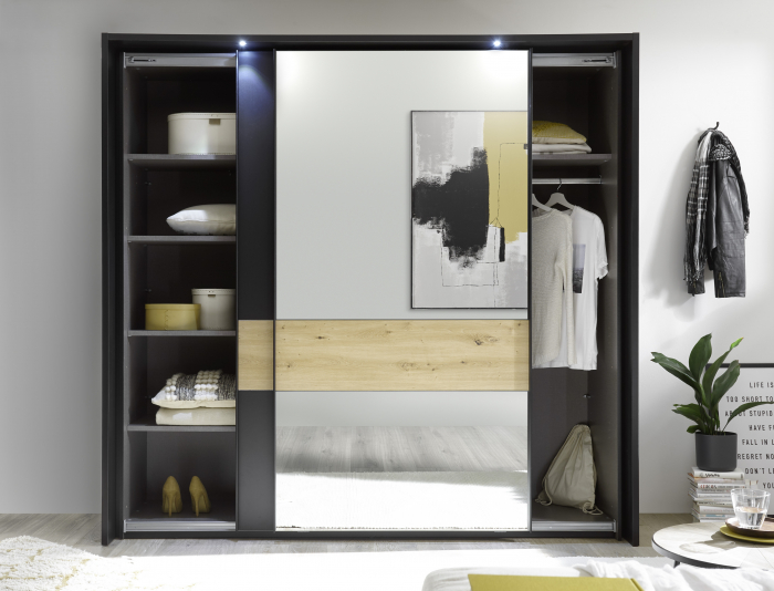 STARLIGHT, Dormitor Set-A (dulap 225 + pat 160 cu 2 sertare + 2 noptiere cu iluminare LED), culoare gri antracit cu insertii stejar artisan. [6]