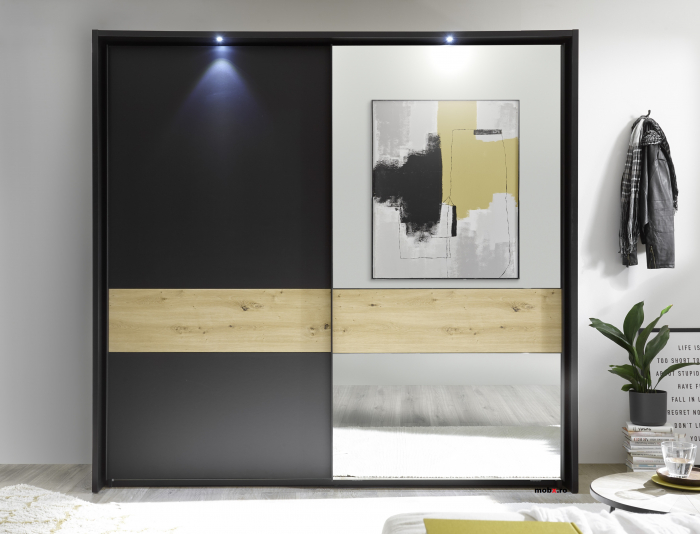 STARLIGHT, Dormitor Set-A (dulap 225 + pat 160 cu 2 sertare + 2 noptiere cu iluminare LED), culoare gri antracit cu insertii stejar artisan. [5]
