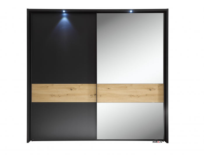 STARLIGHT, Dormitor Set-A (dulap 225 + pat 160 cu 2 sertare + 2 noptiere cu iluminare LED), culoare gri antracit cu insertii stejar artisan. [3]