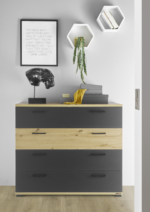STARLIGHT, Dormitor Set-B (dulap 225 + pat 160 cu 2 sertare + 2 noptiere cu iluminare LED + comoda 110 cu 4 sertare), culoare gri antracit cu insertii stejar artisan. [13]