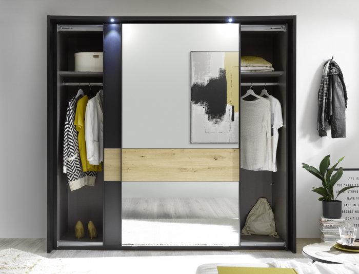 STARLIGHT, Dormitor Set-B (dulap 225 + pat 160 cu 2 sertare + 2 noptiere cu iluminare LED + comoda 110 cu 4 sertare), culoare gri antracit cu insertii stejar artisan. [5]