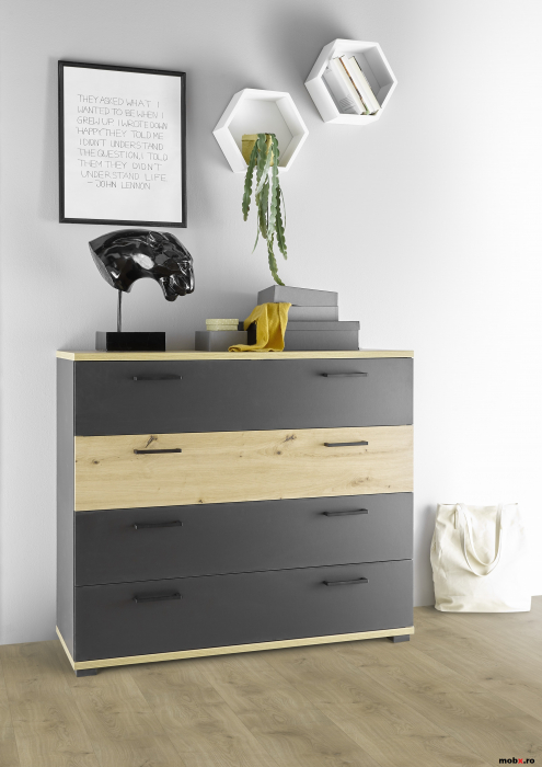 STARLIGHT, Dormitor Set-B (dulap 225 + pat 160 cu 2 sertare + 2 noptiere cu iluminare LED + comoda 110 cu 4 sertare), culoare gri antracit cu insertii stejar artisan. [14]