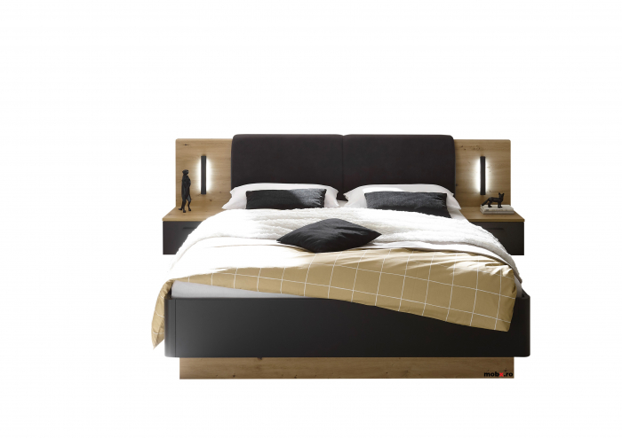 STARLIGHT, Dormitor Set-B (dulap 225 + pat 160 cu 2 sertare + 2 noptiere cu iluminare LED + comoda 110 cu 4 sertare), culoare gri antracit cu insertii stejar artisan. [8]