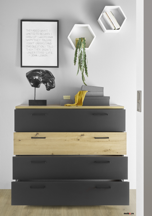 STARLIGHT, Dormitor Set-B (dulap 225 + pat 160 cu 2 sertare + 2 noptiere cu iluminare LED + comoda 110 cu 4 sertare), culoare gri antracit cu insertii stejar artisan. [15]