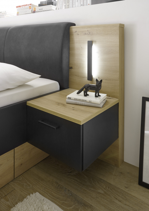 STARLIGHT, Unitate Pat 160 cu 2 sertare + 2 noptiere cu iluminare LED, culoare gri antracit cu insertii stejar artisan. [4]