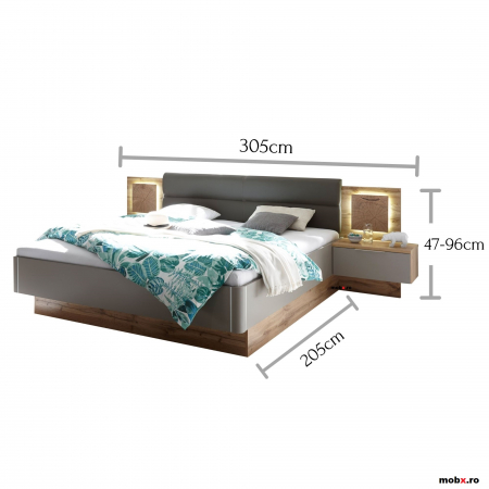 CAPRI, Dormitor Set-A (dulap 280 + pat 180 + 2 noptiere cu iluminare led), culoare gri bazalt cu insertii stejar salbatic. [5]